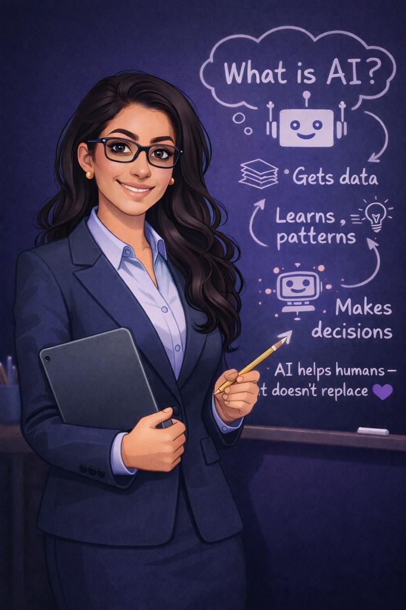BeAIReadyCo AI School instructor explaining What is AI? at a chalkboard: AI gets data, learns patterns and makes decisions. AI helps humans, it doesn't replace them.
